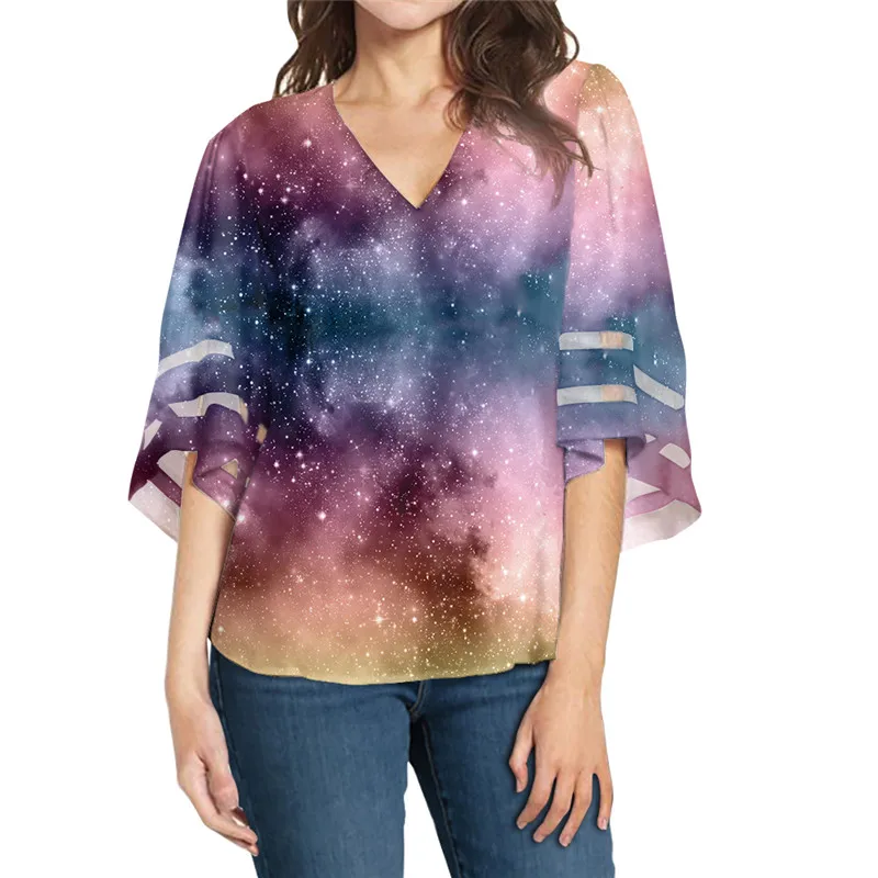 

Chiffon Blouse Starry Sky Print Women Plus Size Top And Blouse V-neck Sexy Ladies Loose Elegant Clothing 2020 New Arrival