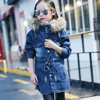 

OLEKID 2020 Autumn Winter Denim Jacket For Girls Plus Velvet Hooded Baby Girl Fleece Jacket 3-12 Years Teenagers Parka Coat