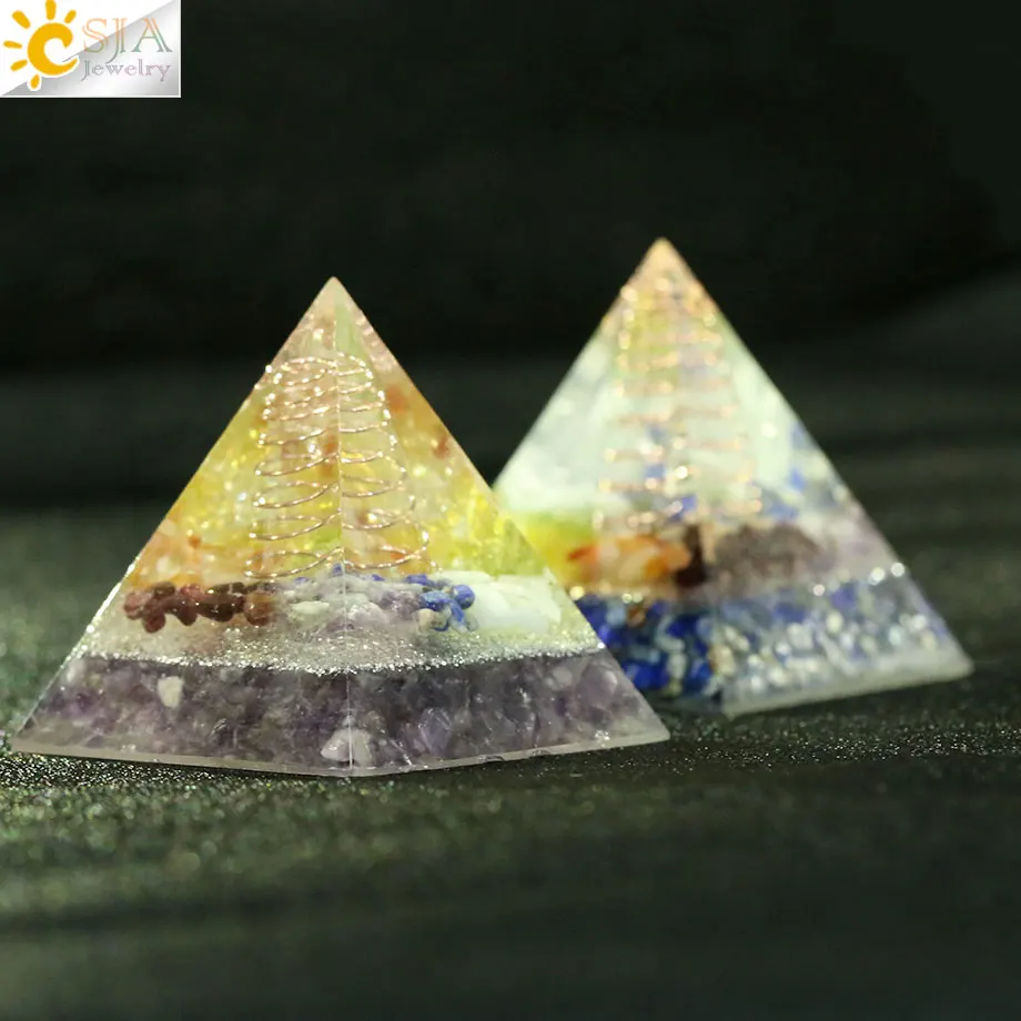Csja 49x49 мм Orgone Пирамида Orgonite конвертер энергии природный гравий Chakra Смола металлическая спираль заживление удача украшение дома G258