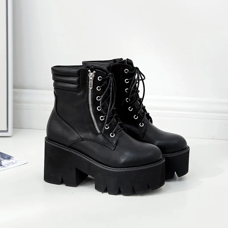 

Wholesale Autumn Ankle Boots For Women Motorcycle Boots Chunky Heels Casual Lacing Round Toe Platform Boots Shoes Female 2020
