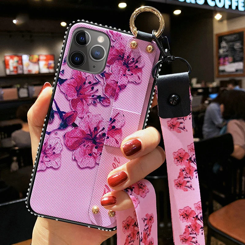 Чехлы с ремешком на запястье для iPhone 12 11 Pro MAX SE 2020 7 8 6 6S Plus X XS XR винтажный цветочный