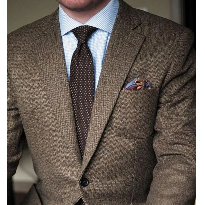 Brown Herringbone Tweed Casual Men Suits for Winter 2 Piece Wedding Groomsmen Tuxedo Suit Jacket with Pants