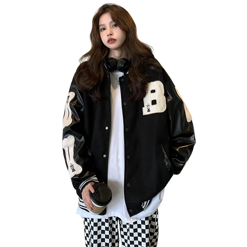 Woolen Leather Patchwork Heavy Industry Baseball Uniform Women's Autumn Jacket | Женская одежда
