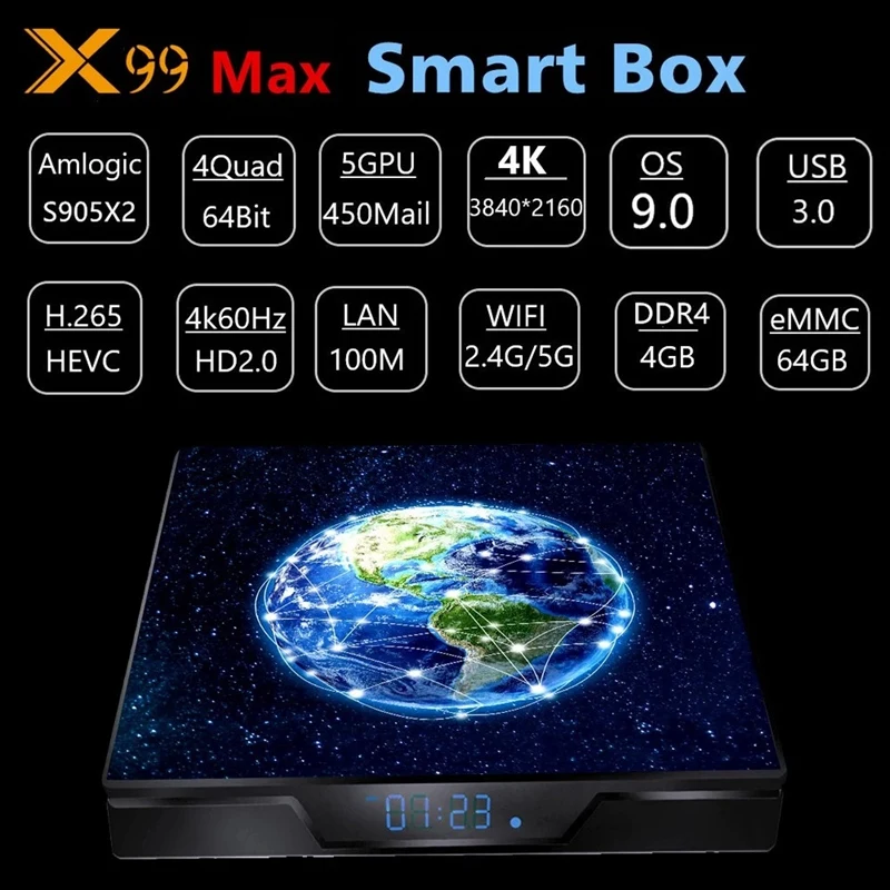 X99 Max Smart Android 9.0 TV Box UHD 4K Media Player Amlogic S905X2 4GB DDR4 64GB EMMC 2.4G / 5G Dual-Band WiFi BT4.1 100M LAN w