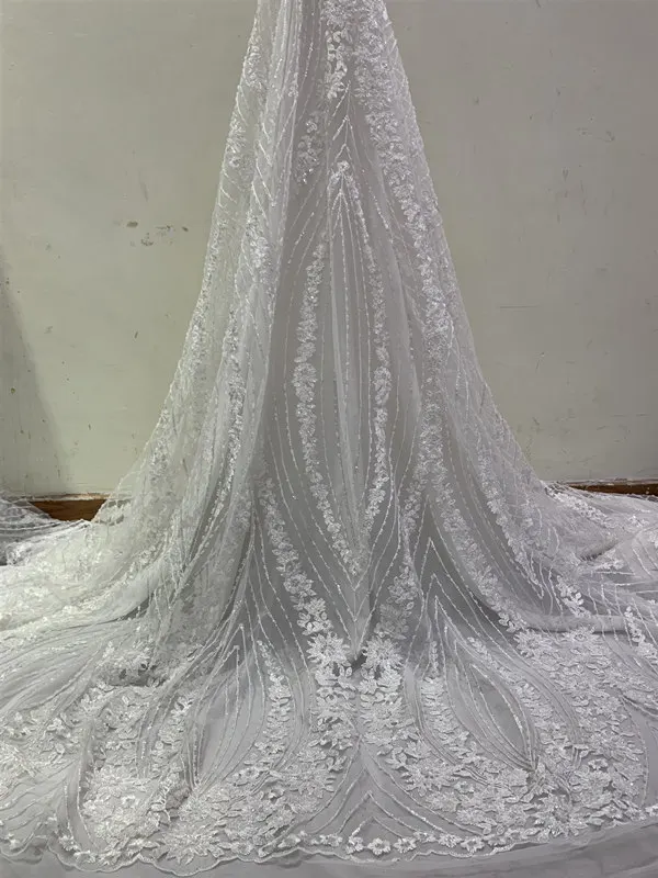 Черно-белая, африканская, с блестками кружевной ткани Высокое качество 3D цветы тюль кружева ткань с бисером для свадебное платье - Color: White