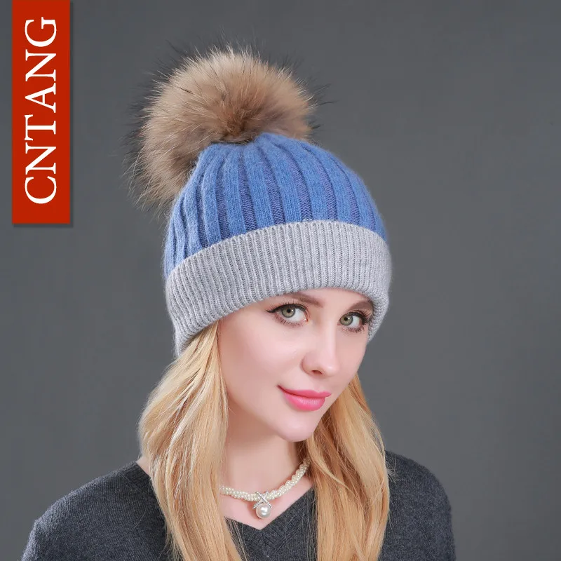 Classic Multiple Styles Women Beanie Winter Warm Fashion Raccoon Fur Pompom Hats Knitted Wool Cap Clearance Cheap High Quality 4