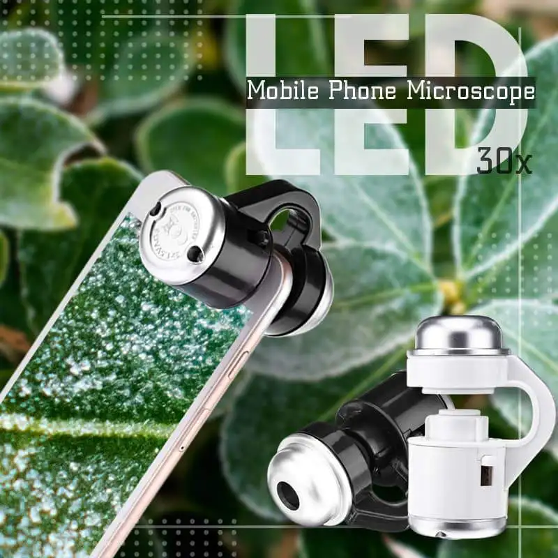 

LED Mobile Phone Microscope External Head HD Fisheye Glass Jewelry 30X Zoom Clip-On Universal Cell Lens Camera Magnifier