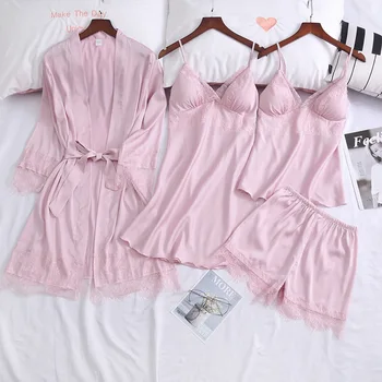 

Satin Nightwear Lace Patchwork Kimono Bathrobe Gown Women Sexy 4PCS Sleepwear Intimate Lingerie Lace Home Clothes Nightdress