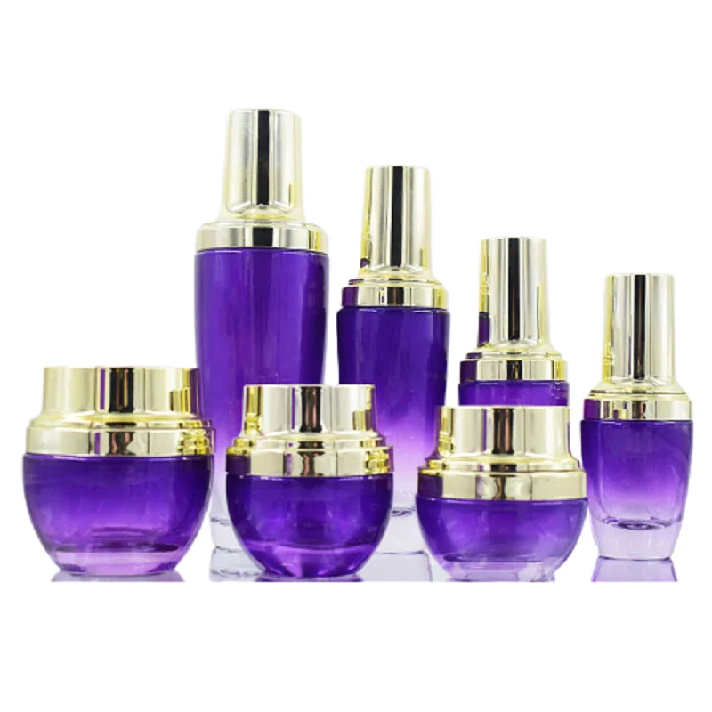 

100ml 50ml 30ml 20ml Empty Purple Glass Packaging Bottle Essence Lotion Dropper Spray Gold Pump 20g 30g 50g Cosmetic Cream Jar