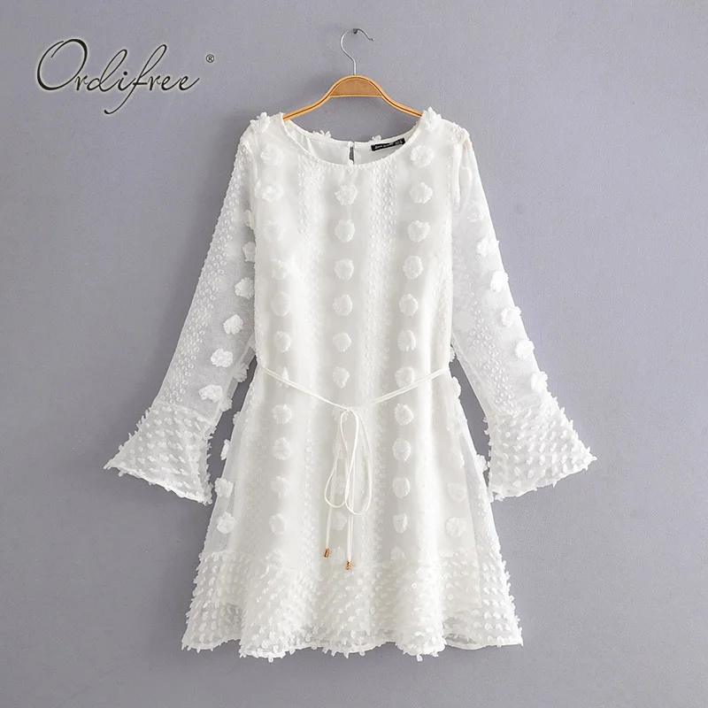 

Ordifree 2019 Summer Women White Beach Dress Long Sleeve Boho Polka Dot Female Mini Dress