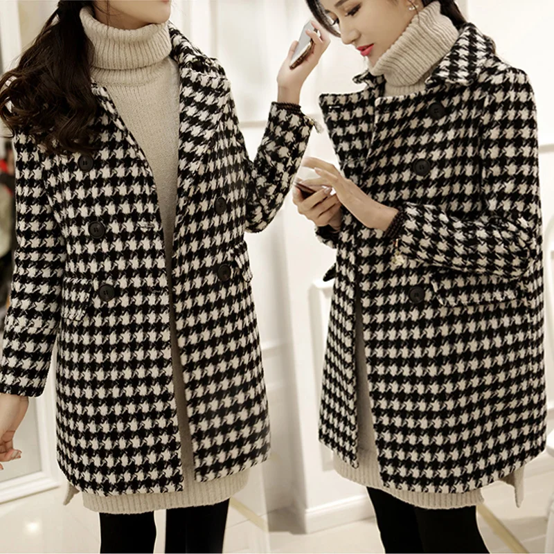 Beste 2019 Mode Vrouwen Wollen Jas Warm Dikkere Jassen Houndstooth Wollen Jas Vintage Zwart En Wit Losse Retro Plaid Vrouwelijke