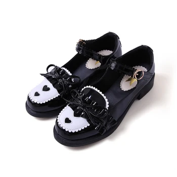 

4 color New Japanese Style Low-heeled Lolita Shoes Women Sweet Bow PU Leather Black Shoes Ladies Maid Shoes Adult Size 34-41