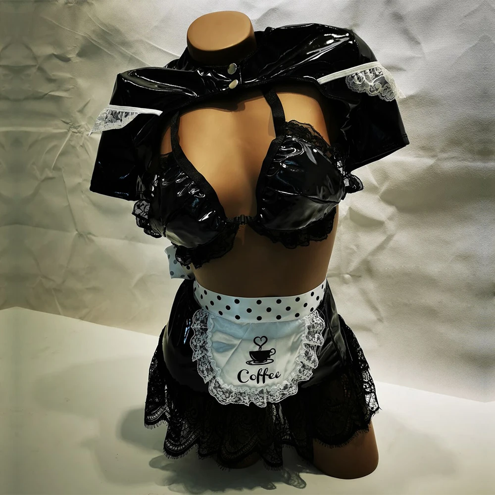 Черная сексуальная форма кофейное платье латексное кожаное кружевное