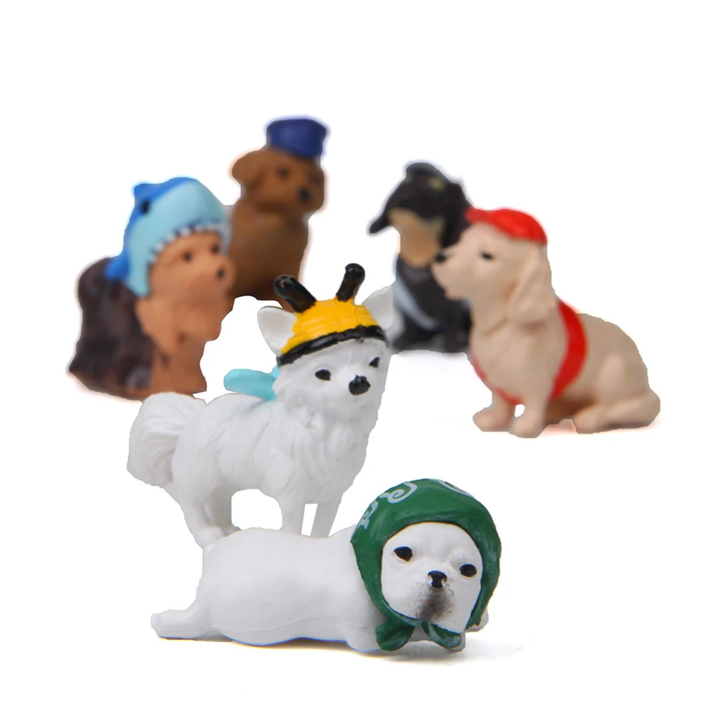 6Pcs Cute Hat Dog Puppy Model Figurine Desk Decor Miniature Landscape Accessory