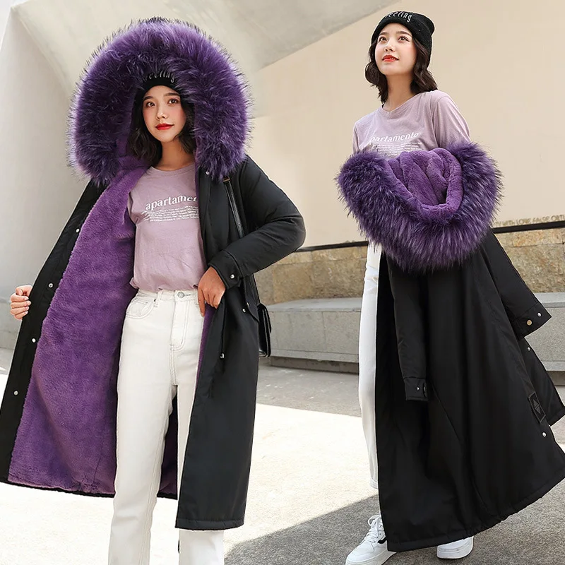 Новое Женское длинное пальто зимнее теплое бархатное плотное пальто из искусственного меха Парка женская однотонная куртка с большим карманом верхняя одежда - Цвет: Фиолетовый