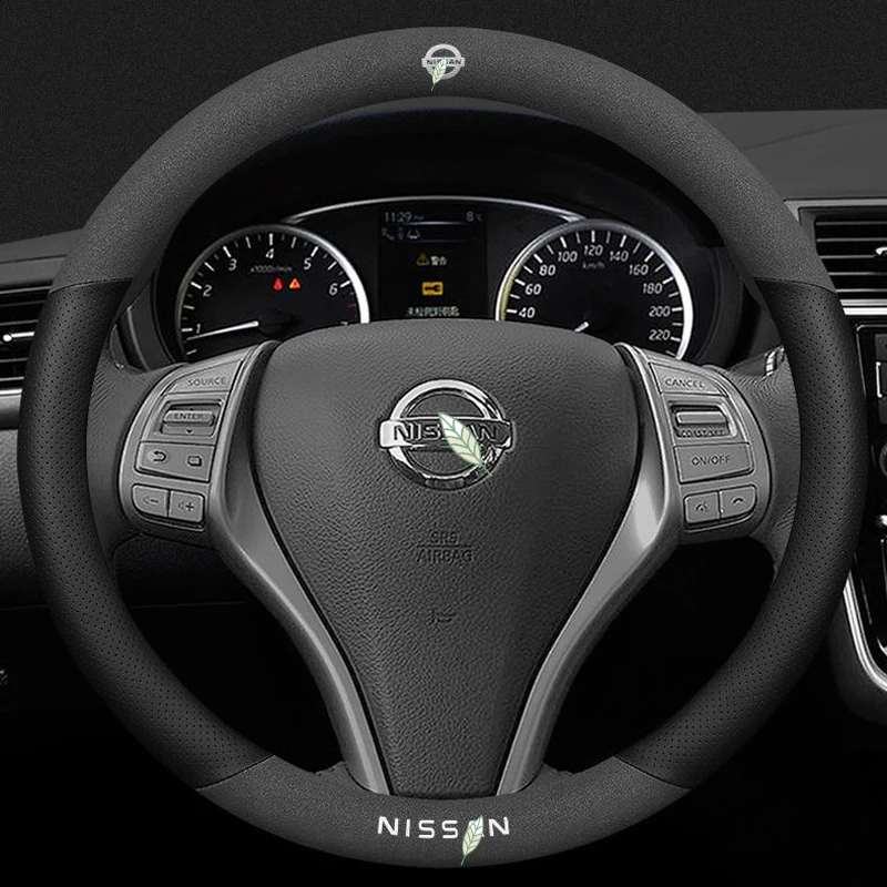 

For Nissan 3D Laser Printing Logo Cow Leather Car Steering Wheel Cover Fit Almera XTrail Teana March Terra Navara Serena Sylphy