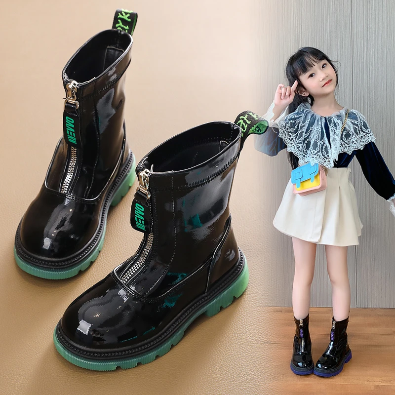 Girls Boots Kids 2021 Spring Autumn Winter Children's Rome Fashion Pu Leather Cotton Zip Outside Baby Shoes Kid Girl Shoe Bootie