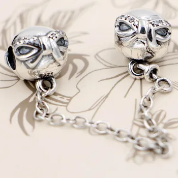 

Original Pave Dainty Bow With Crystal Safety Chain Beads Fit 925 Sterling Silver Bead Charm Bracelet DIY Jewelry