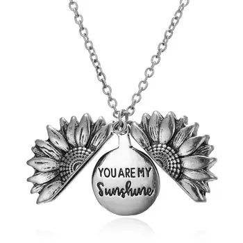 

Vintage Unique Sunflower Locket Pendant Necklace Bohemia Female Gold Open Engrave Letter You Are My Sunshine Necklace Lover Gift