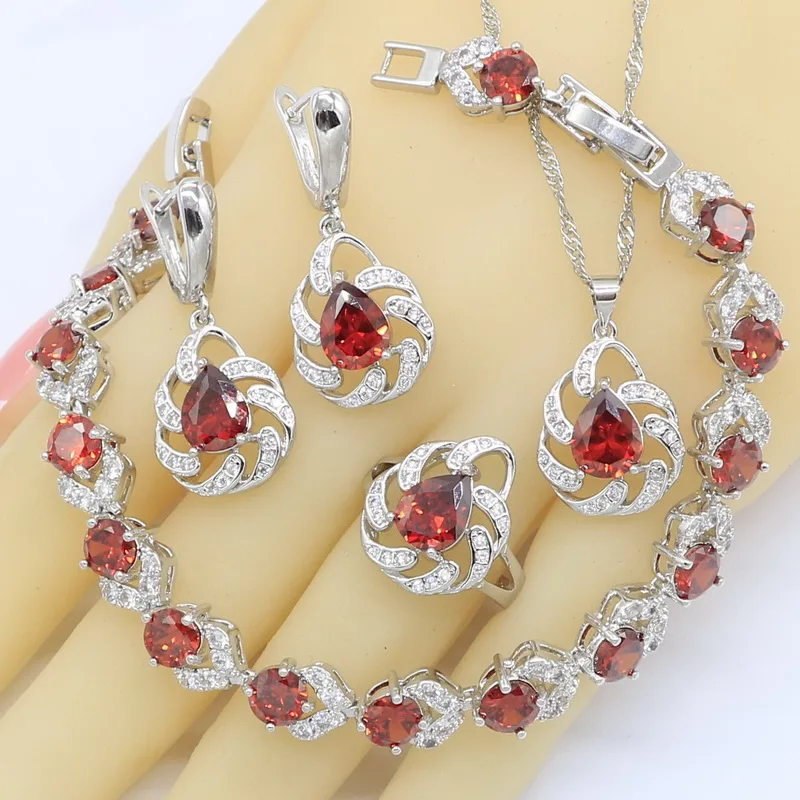 

Red White Zircon 925 Silver Jewelry Sets for Women Bracelet Earrings Necklace Pendant Ring Birthday Gift