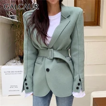 GALCAUR корейский стиль, лоскутные блейзер для женщин, зубчатый длинный рукав, высокая талия, пояса, пальто-туники, Женская мода, новая одежда