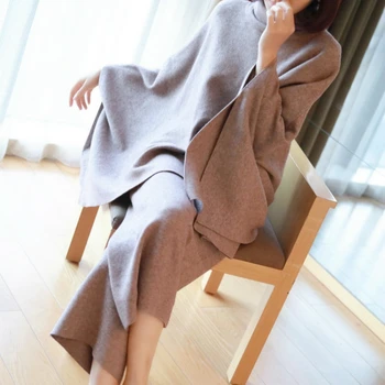 

2019 Autumn Winter Brand Runway Two Piece Set Batwing Sleeve Knitted Sweater and Ankle-Length Pants Ladies Red Fall 2 Piece Set