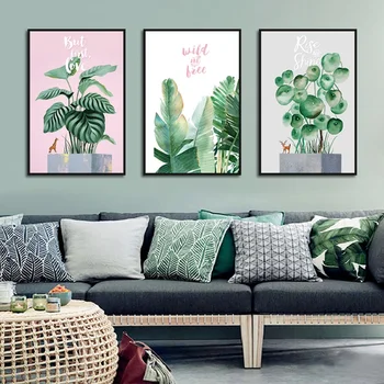 

Nordic simples vento verde plantas pequeno fresco lona pintura a óleo da arte sala de estar decoração parede fundo sem moldura(N