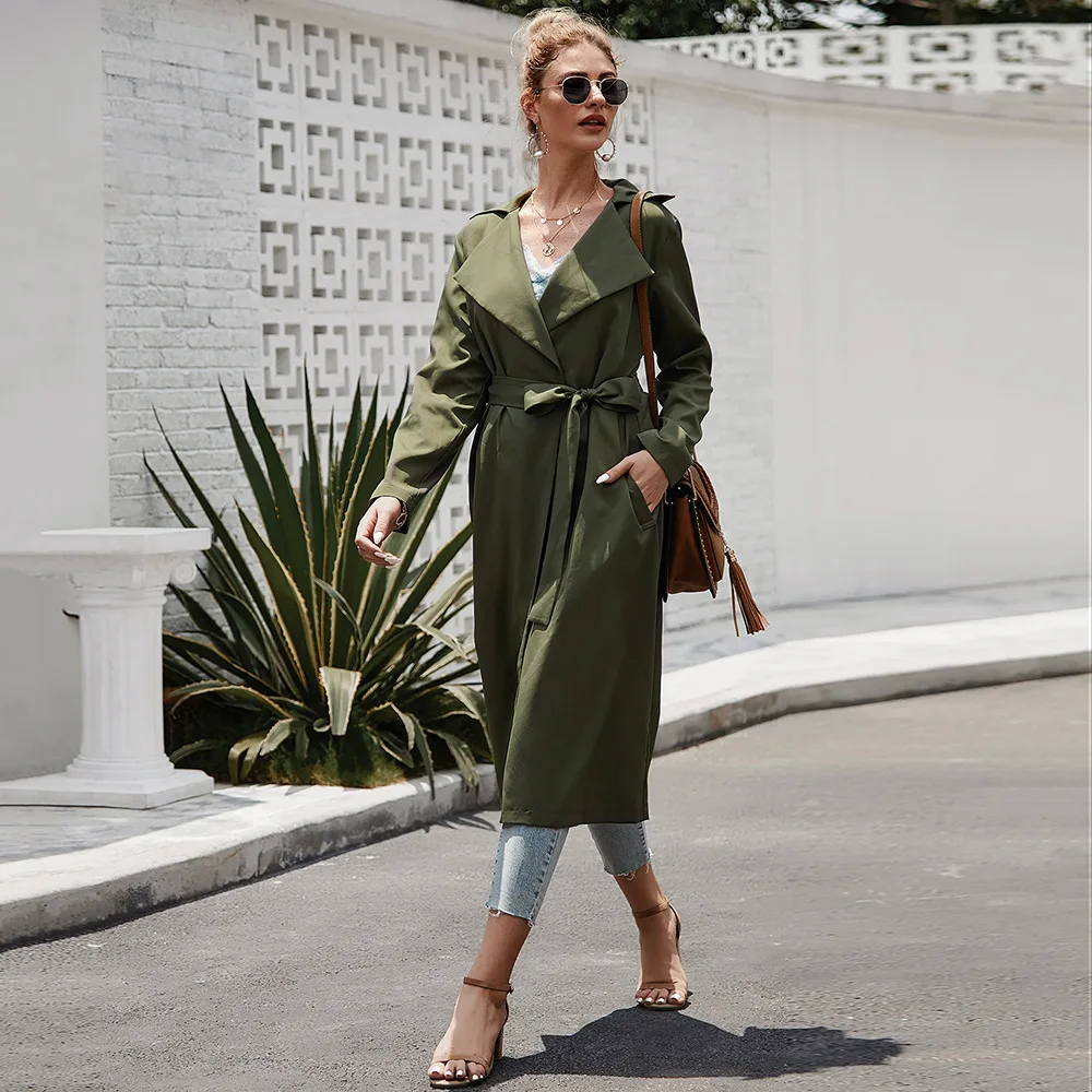 

2019 Autumn Winter Women Coat Long Solid Color Strap Long Sleeve Windbreaker Coat Slim Tops Long Trench Outwear