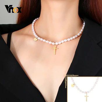 

Vnox Dainty Freshwater Pearl Necklaces for Women Gold Color Stainless Steel Cross LUCKY Stars Charm Choker Collar Jewelry