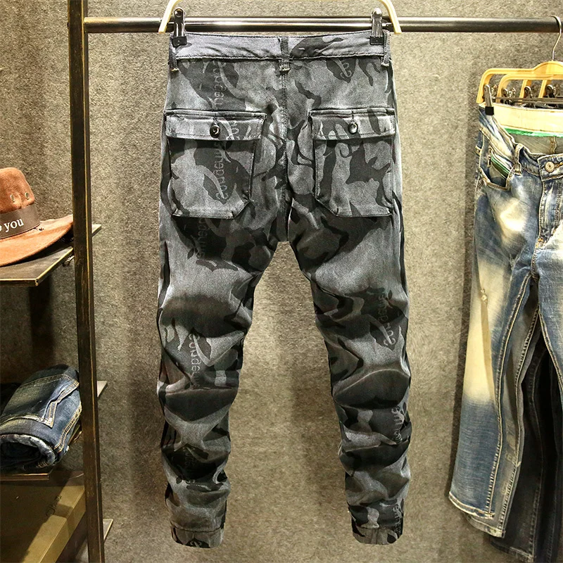 

Camouflage Winter Casual Jeans Men Big Pockets Slim Elastic Cargo Pants High Street Military Army Denim Trousers Pencil Pants