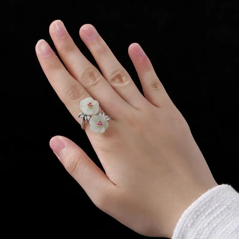 Silver Inlaid Hetian Jade Ancient Style Flowers Chinese Retro Ladies Ring