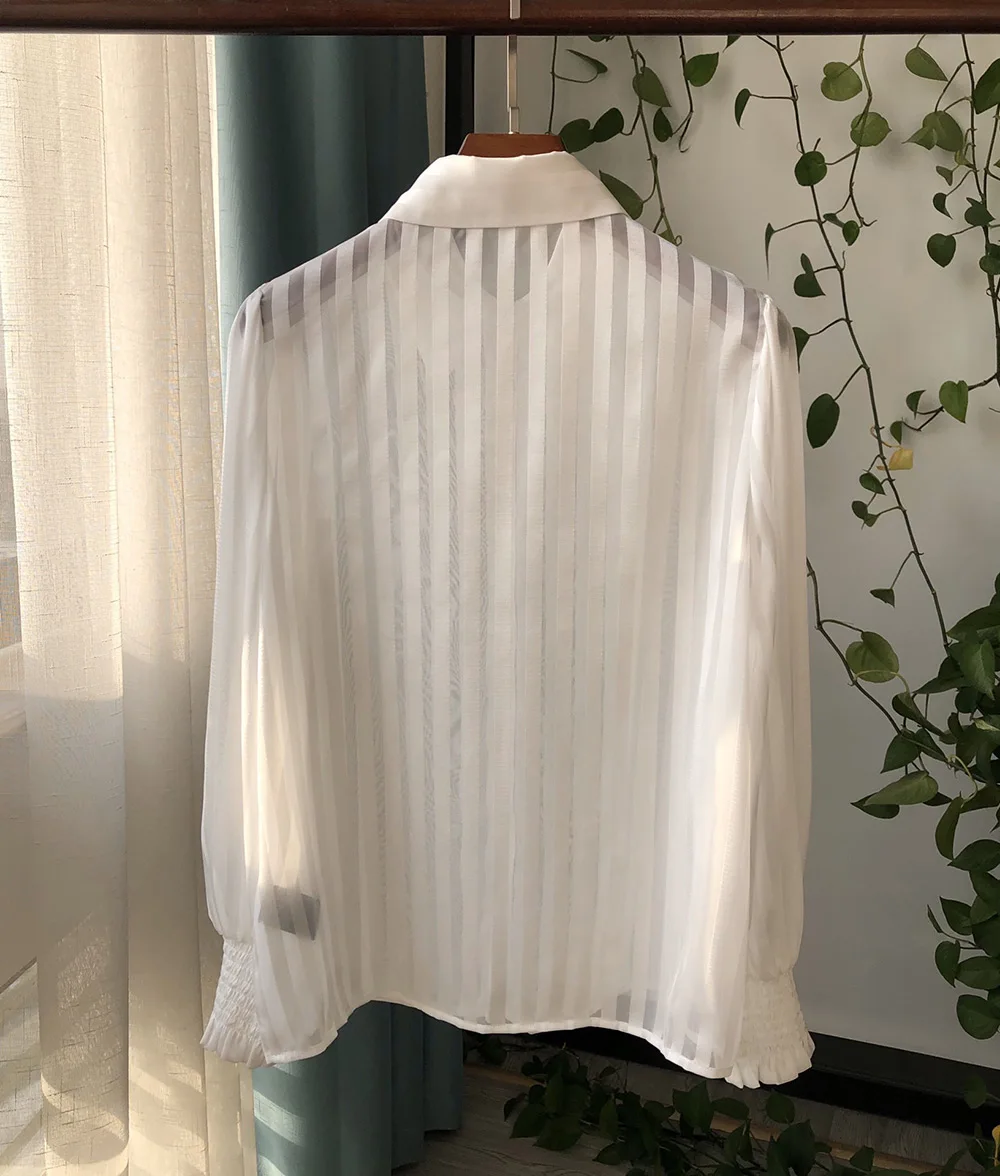 Women White/Black Contrast Stripe Multi Buttoned Micro-transparent  Blouse Shirt - Ladies Long Sleeve Lapel Top 6
