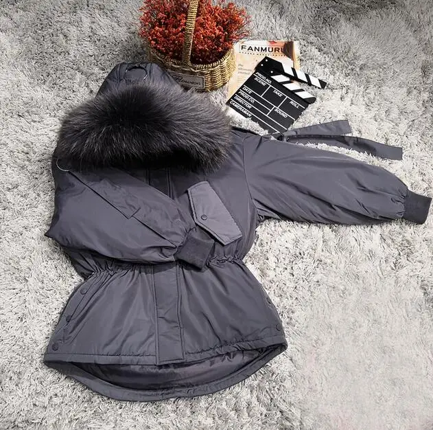Большой натуральный мех енота женская зимняя куртка с капюшоном теплая Женская белая утка пуховик средней длины свободное Женское пальто - Цвет: grey