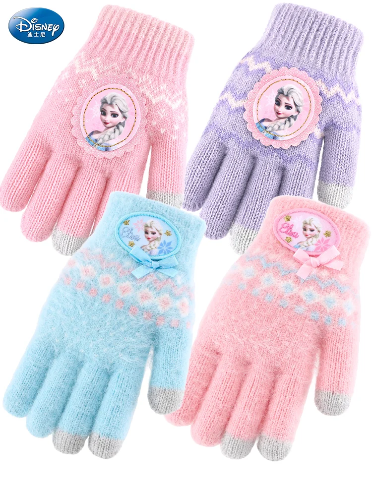 

Original Disney Children's Gloves Winter Knitted Warm Full Finger Girls Frozen Princess Girls Toddler Five Fingers
