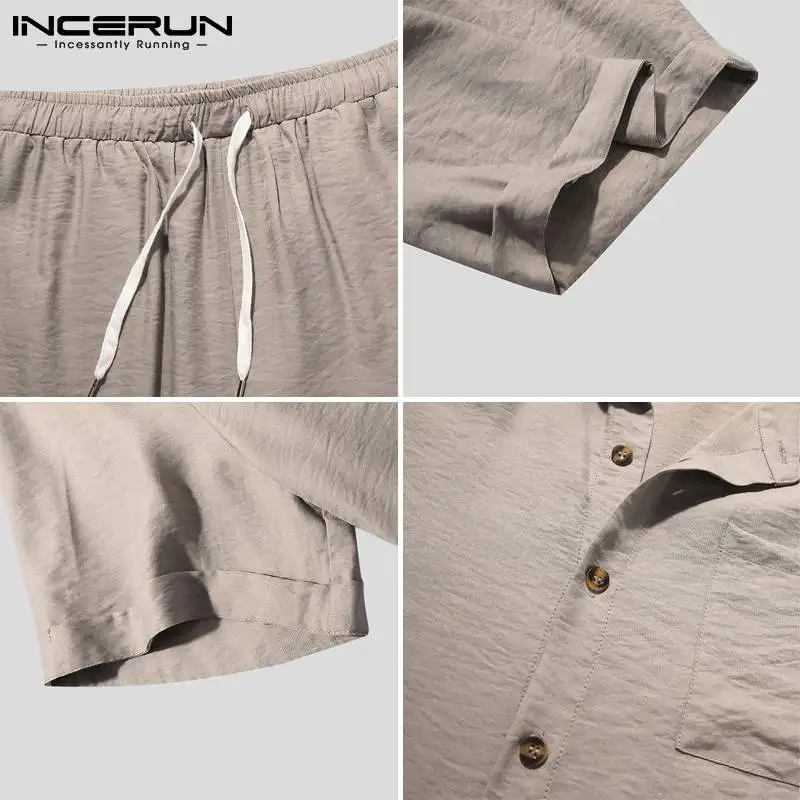 Men Sets Solid Color Breathable 2021 Short Sleeve Lapel Shirt Drawstring Shorts Streetwear Men Casual Suits 2 Pieces INCERUN 7 - Image 5