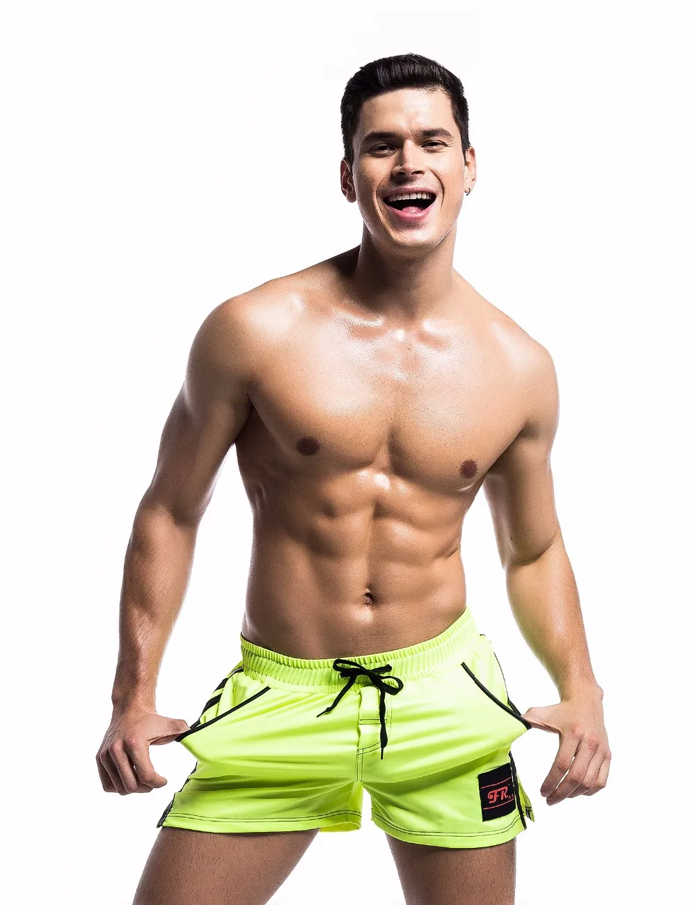 

Men`s Imitation Leather Fashion Drawstring Causual Home Beach Shorts Trunks With Side Pouch For Male