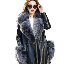 

Women New PU Leather Coat Imitation Fur Mid-length Coat Female Plus Cotton Velvet Big Fox Fur Collar PU Leather Trench Coat A871
