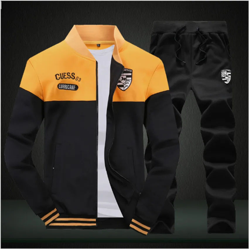 Yellow black Новинка, мужские комплекты, модный спортивный костюм, брендовая Лоскутная толстовка на молнии+ спортивные штаны, Мужская одежда, комплект из 2 предметов, тонкий спортивный костюм - Цвет: Yellow black