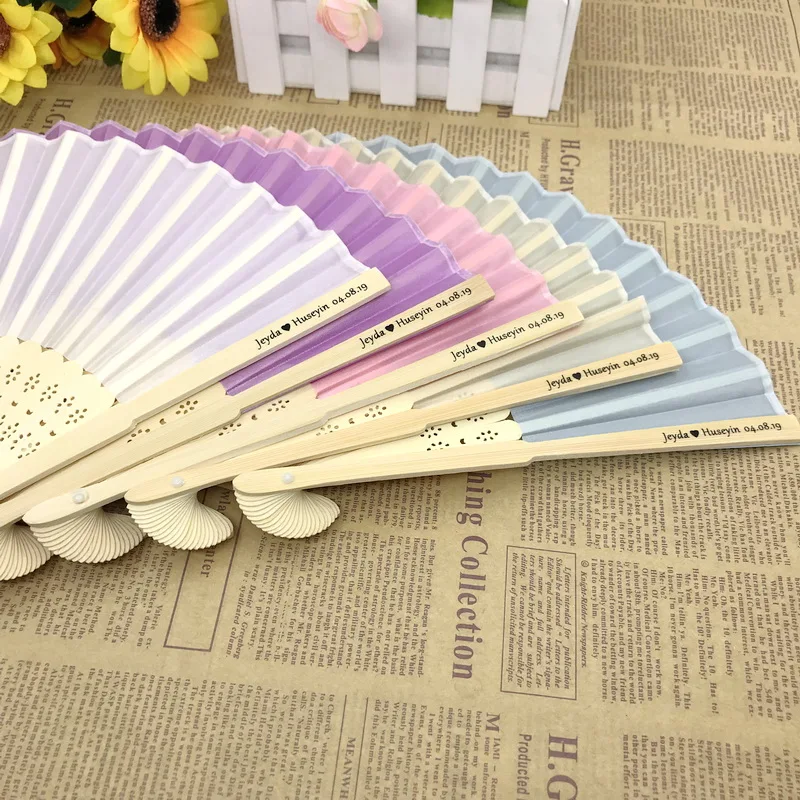 100PCS Customized Wedding Fold Fan Silk Printing Bride&Groom's Name and Date Personalized Hand Bamboo Promotional Gift Fan