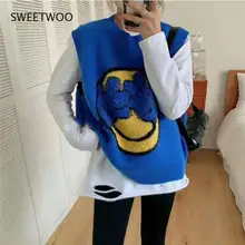 

Smiling Print Spring Korean Style Clothes Loose and Versatile Round Neck Bright Color Sleeveless Vest Women New 2021