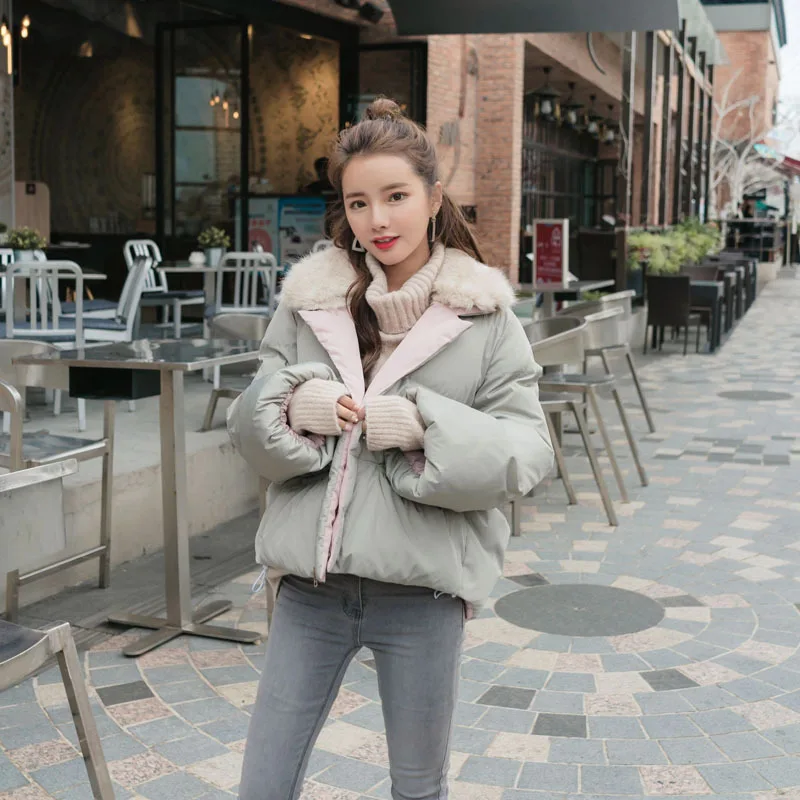 

Korean-style Loose-Fit Students Cute 2019 Autumn And Winter New Style Fashion Large Fur Collar Thin Women's Short Bread Cotton C