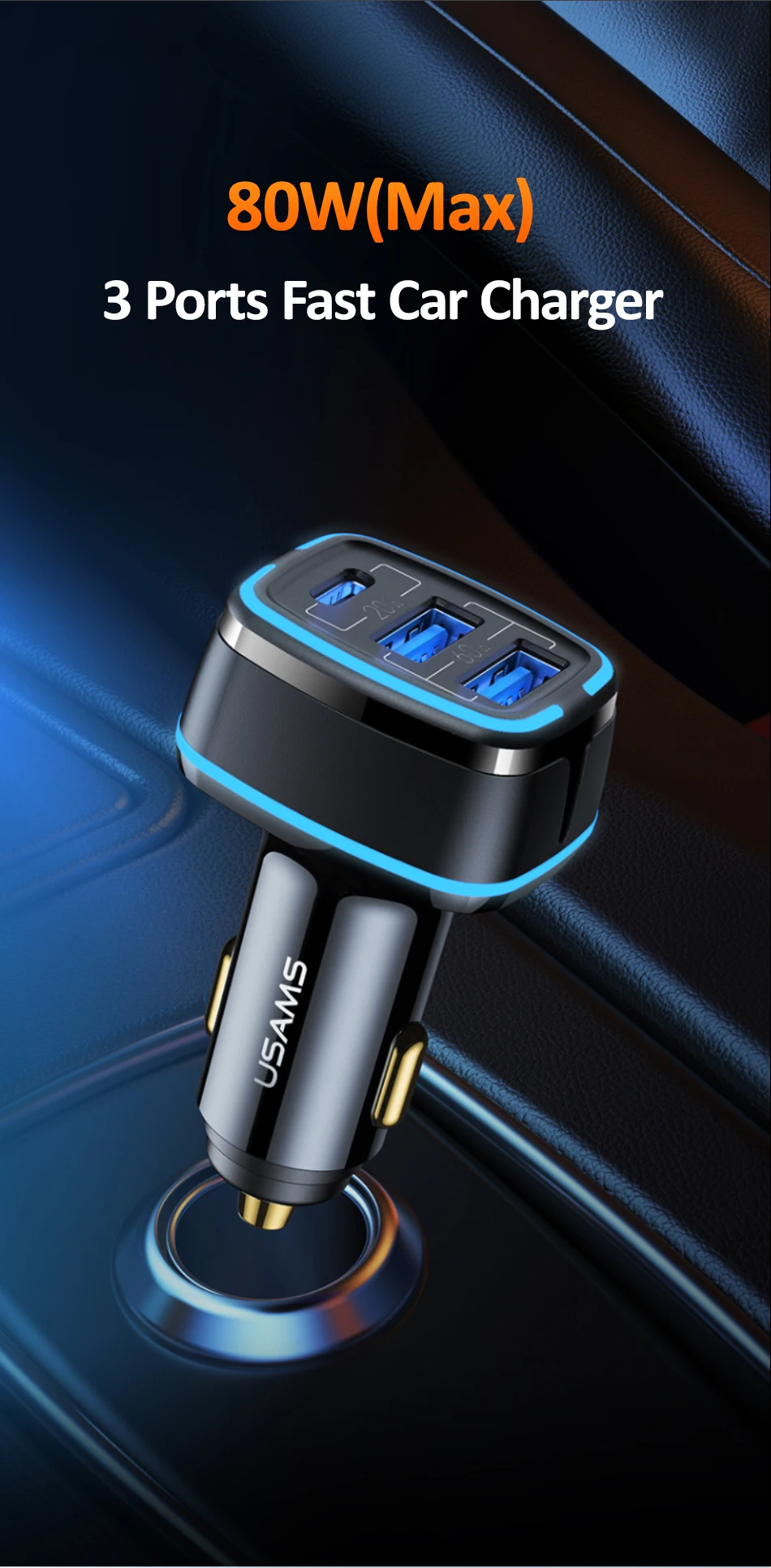 USAMS 80W Car Fast Charger with 3 Ports USB Type C PD 3.0 QC3.0 Quick Charge US-CC126 13 H38ff957a8c004d2d9b33ab72e91ad4a5Q