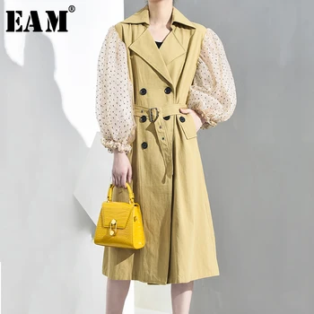 

[EAM] Women Dot Mesh Double Breasted Big Size Trench New Lapel Lantern Sleeve Loose Fit Windbreaker Fashion Spring 2020 JH394