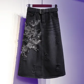 

4XL 5XL Plus Size Mid Length Denim Skirts Womens Fashion Embroidery High Waist Skirt Jupe Femme Vintage Hole Black Skirt C6461