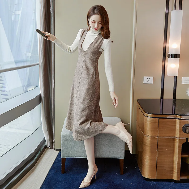 

Woolen Dress Female Autumn 2019 New Style Sweater with Braces Skirt Two-Piece Set Autumn And Winter Sleeveless Vest Long Skirts