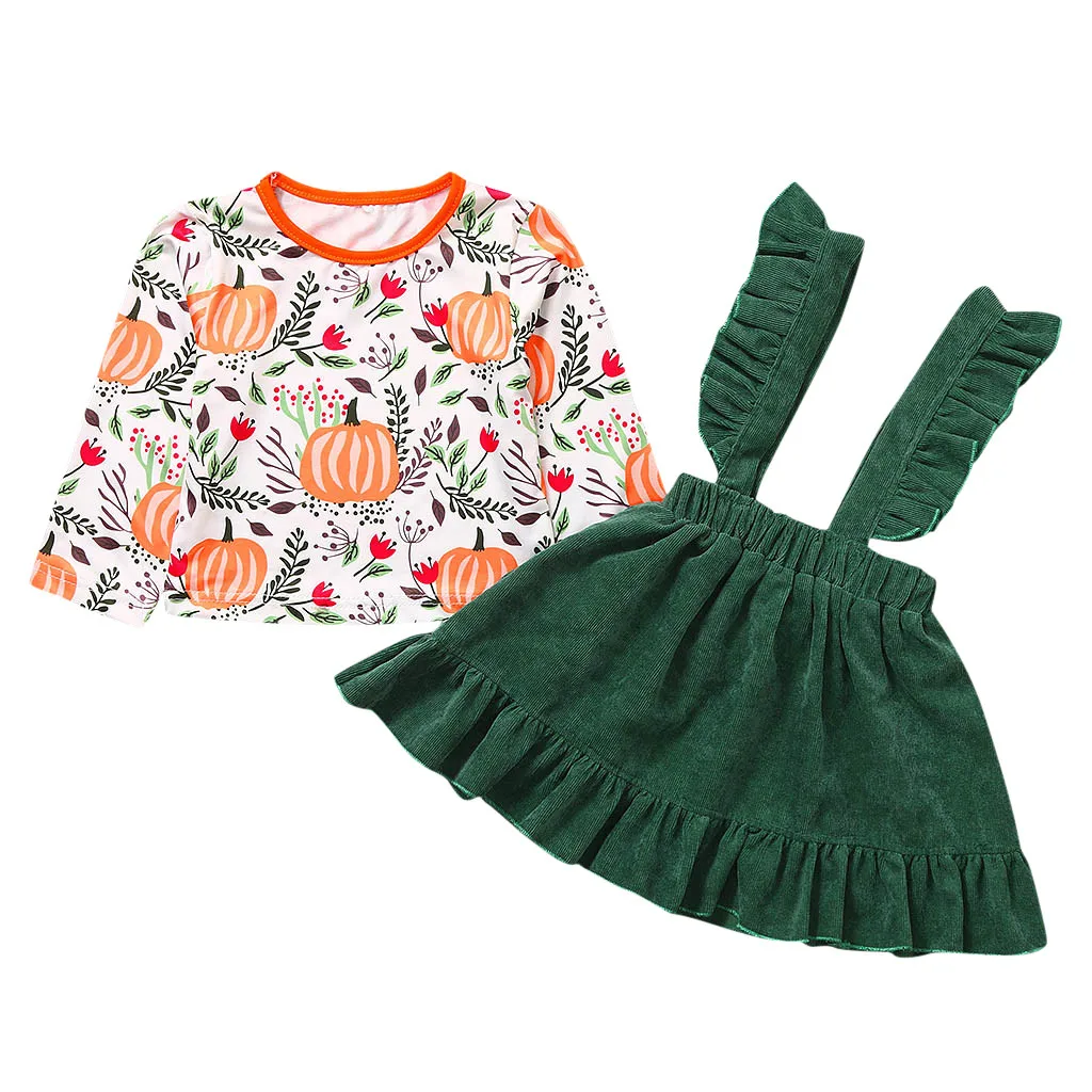 Комплект одежды на Хэллоуин для девочек, футболка с цветами и тыквой+ юбка на подтяжках с оборками 2 предмета, наряды для Дня благодарения, детская одежда