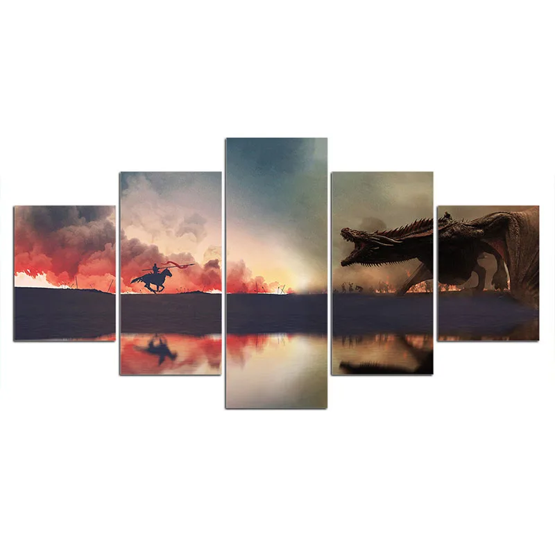 5 Pieces Canvas Painting Game Thrones Dragon Spitfire Picture Wall Pictures for Living Room Posters and Prints Home Decor (1)