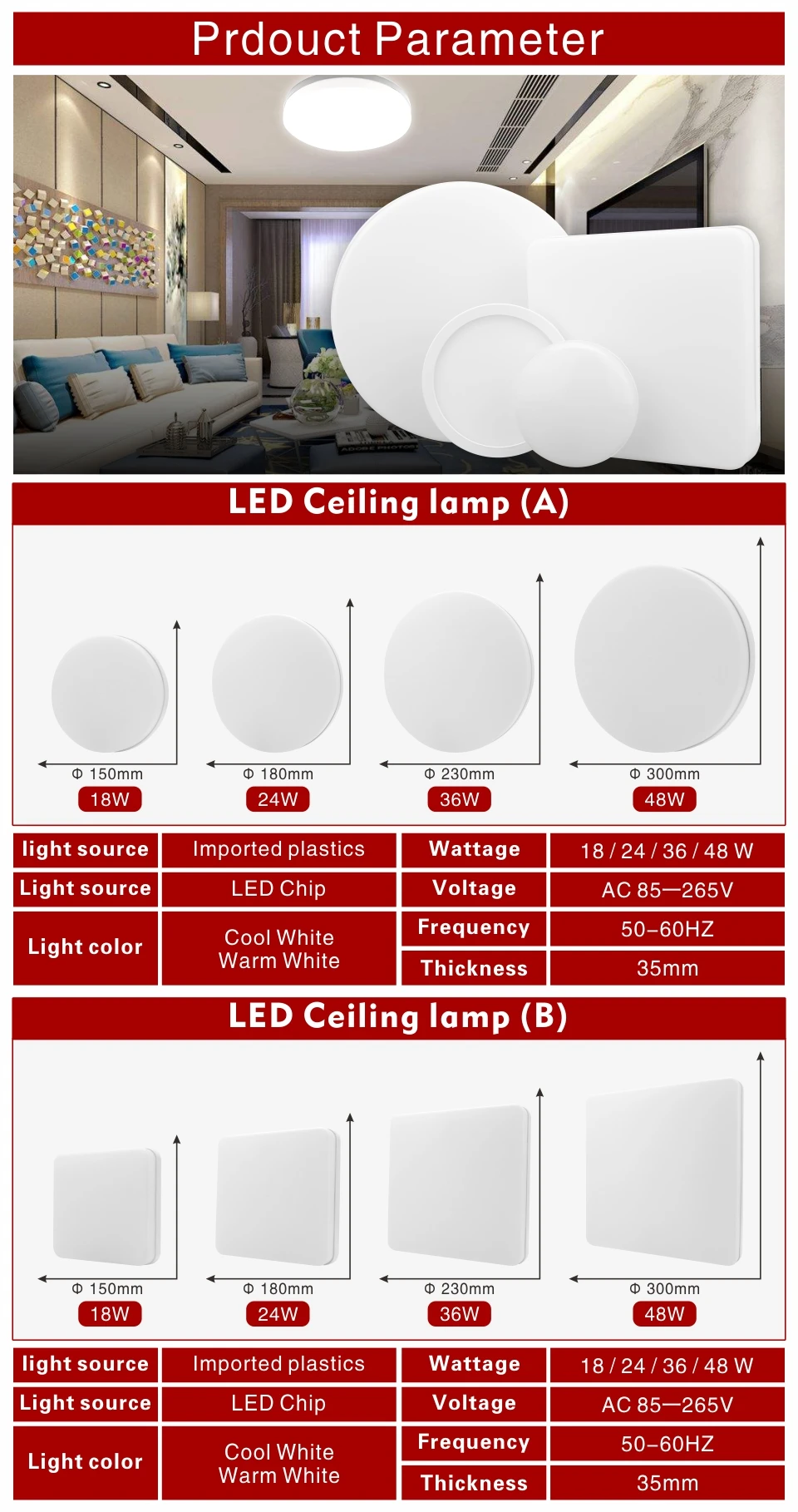 Led Ceiling Light 48W 36W 24W Panel Round Surface Mount 18W 13W 9W 6W Panel Light AC 85-265V Ultrathin Square Ceiling Lamp home depot ceiling lights