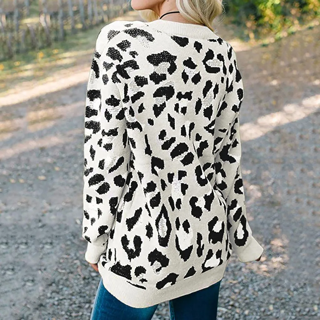 Jaycosin Fashion Casual Lady Leopard Sweater Chic Stylish Comfortable Soft Elegant Loose V-Neck Fit Tops Blouse sweater