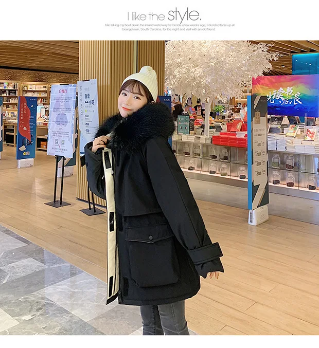 Зимняя универсальная одежда в Корейском стиле Dongdaemun, свободная толстая одежда средней длины с капюшоном, на липучке, с хлопковой подкладкой, пуховик из хлопка